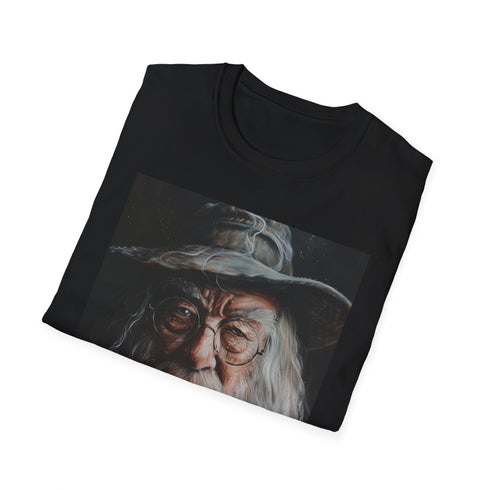 Charcoal t-shirt depicting wise Albus Dumbledore in stunning portrait.