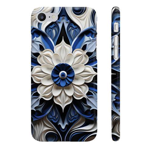 Blue Porcelain Dreams textured phone case, glossy slim iPhone 7 Plus.