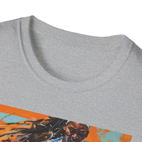 "Charcoal cotton tee with vibrant Coco Gauff portrait, regular fit."