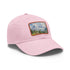 Swiss Alps watercolor baseball hat in white with light brown patch.