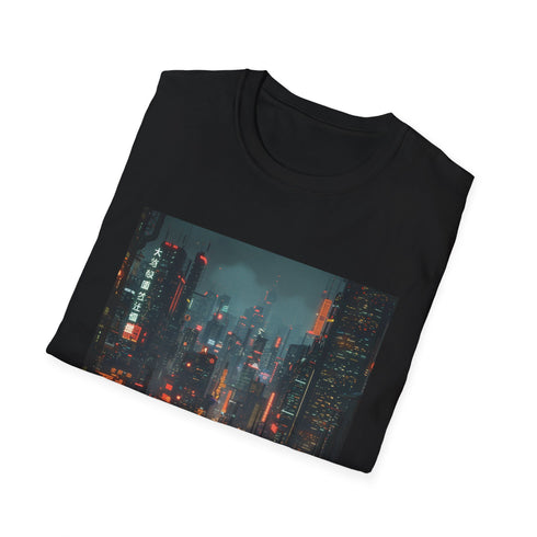 Charcoal cyberpunk cityscape t-shirt with neon city graphics and crew neck