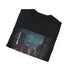 Charcoal cyberpunk cityscape t-shirt with neon city graphics and crew neck