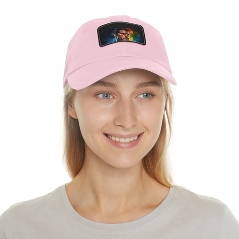 Neon watercolor snapback cap with light brown patch, rectangular design.