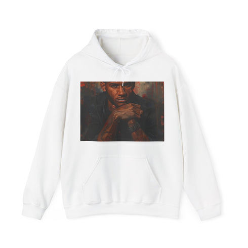 Navy Usher Art Hoodie with dynamic painting of musical icon.