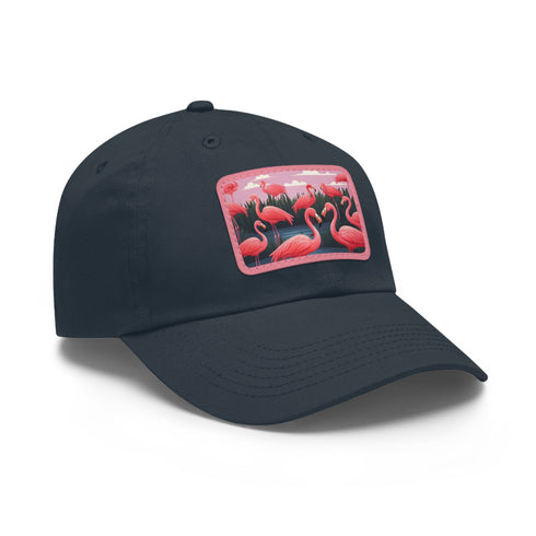 Flamboyant flamingo print baseball cap with white/light brown rectangular patch.