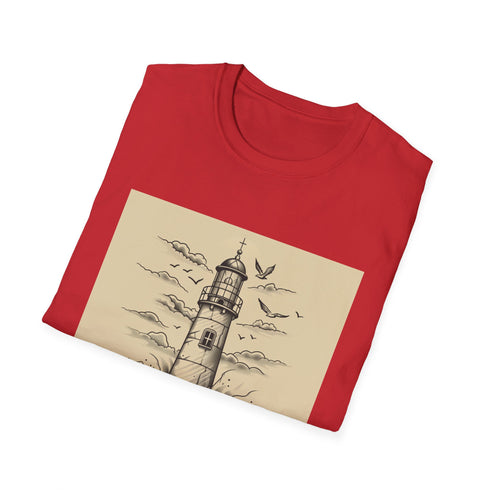 Hand-drawn lighthouse T-shirt featuring charcoal color with a captivating coastal scene