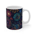 Vibrant ceramic coffee mug with seamless fireworks pattern for caffeine enthusiasts.