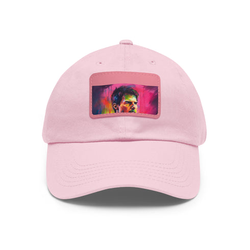 Neon watercolor baseball cap in white with light brown patch.
