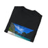 Charcoal crew neck cotton T-shirt featuring tranquil Azure Paradise graphic