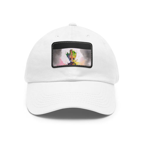 Neon watercolor baby Groot baseball cap, white/light brown rectangle shape.