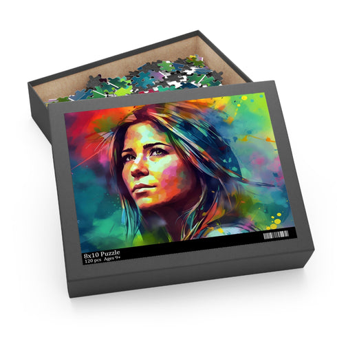 Vibrant Jennifer Aniston watercolor puzzle in neon colors, 120 pieces.