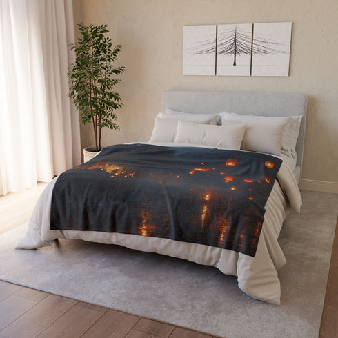 Floating Lanterns Guiding Ghost Ship Plush Fleece Throw Blanket