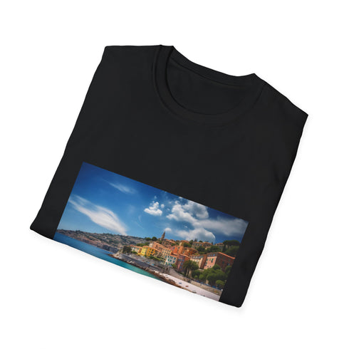 Charcoal cotton crew neck T-shirt featuring vivid azure and sun-kissed design