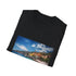 Charcoal cotton crew neck T-shirt featuring vivid azure and sun-kissed design