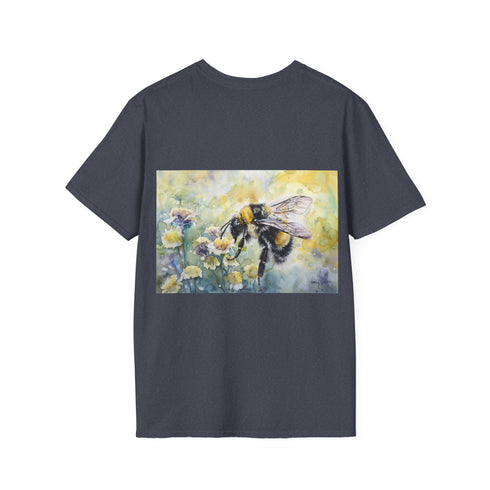 Charcoal cotton tee with vibrant watercolor bumblebee design