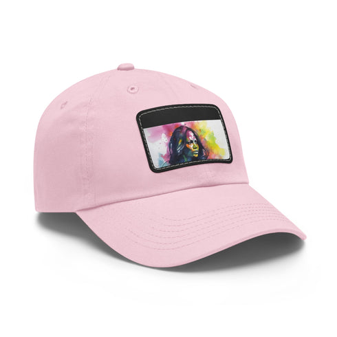 Neon dreams baseball cap in white with light brown rectangle patch.