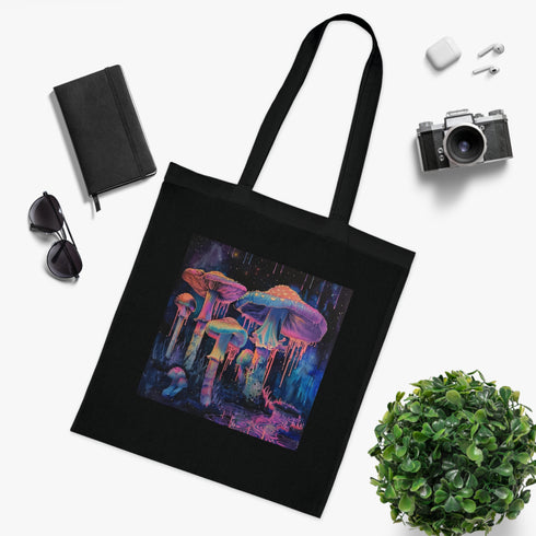 Neon Forrest Mushrooms Tote Bag: Cotton Black DTG Tote.