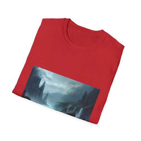 Charcoal crew neck cotton T-shirt featuring a fantasy landscape graphic