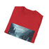 Charcoal crew neck cotton T-shirt featuring a fantasy landscape graphic