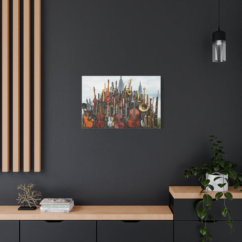 City Skyline Made of Musical Instruments Stretched Canvas Wall Art