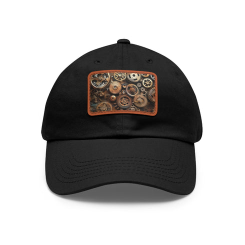 Steampunk cap with gears on white fabric and rectangle patch.