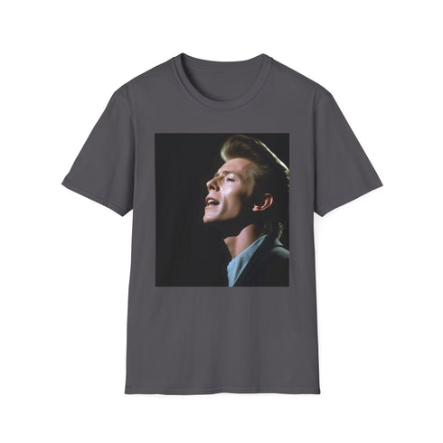 Charcoal cotton crew neck t-shirt with vivid Ziggy Stardust watercolor artwork