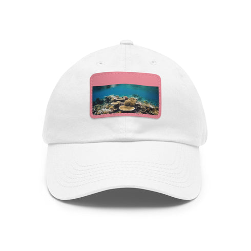 Great Barrier Reef baseball cap in white with light brown patch.