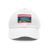 Great Barrier Reef themed white baseball cap with light brown patch.