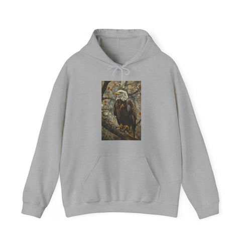 Navy eagle graphic hoodie for men and women, size small.