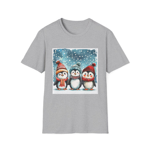 Charcoal penguin crew neck T-shirt with cozy winter hat design