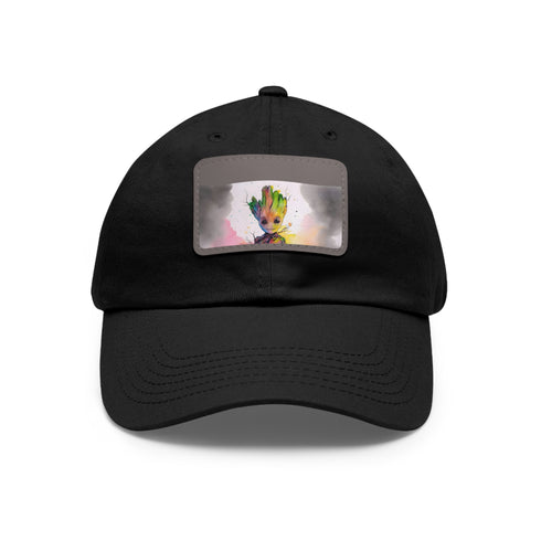 Neon watercolor Baby Groot baseball cap with light brown patch.