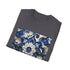 Blue floral porcelain tee in charcoal, regular fit, crew neck, summer style.