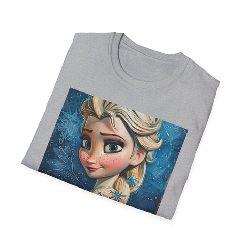Charcoal cotton T-shirt with vibrant Elsa Frozen portrait in crew neck style