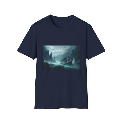 Charcoal cotton crew neck T-shirt showcasing a vivid fantasy landscape