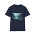 Charcoal cotton crew neck T-shirt showcasing a vivid fantasy landscape