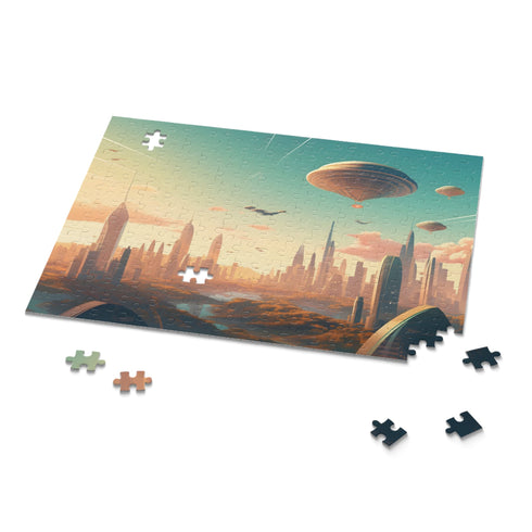 Futuristic flying cityscape puzzle with skyscrapers and flying cars.