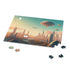 Futuristic flying cityscape puzzle with skyscrapers and flying cars.