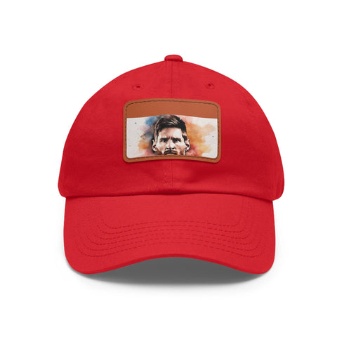 White baseball hat with light brown patch, Lionel Messi signature collection.
