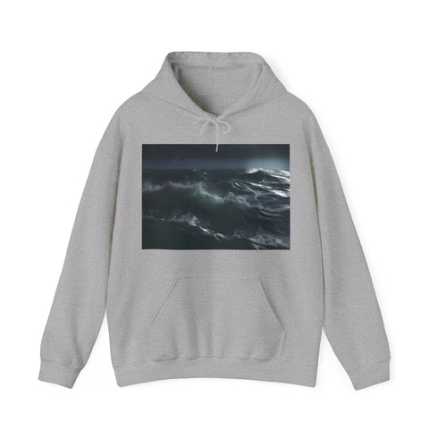 Stormy Seas Fury Navy Hoodie with Nature's Raw Power Design.