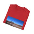 Charcoal cotton crew neck t-shirt featuring vibrant desert-inspired landscape graphic