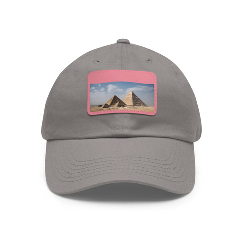 White cotton baseball cap with Giza pyramid patch, unisex style.