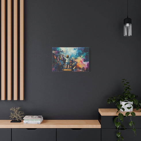 A Curious Child Reaching for the Stars with Books Stretched Canvas Wall Art