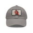 Urban typography white cap with light brown rectangle patch.