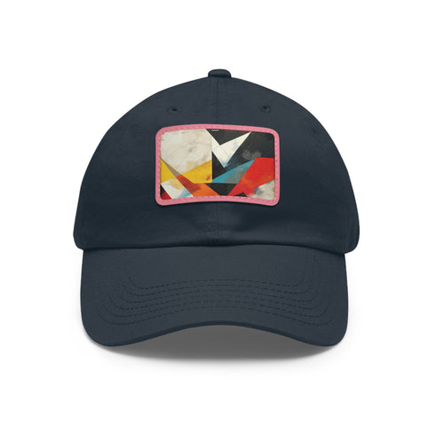 Abstract geometric design white baseball cap with light brown rectangle patch.