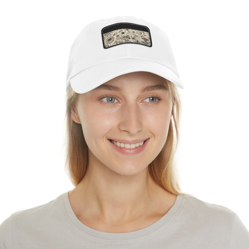Botanical themed white unisex cotton baseball cap with light brown patch.