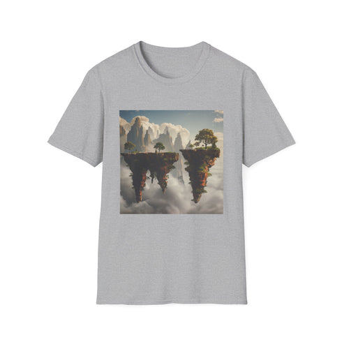 Surreal charcoal t-shirt with floating islands and swirling clouds design