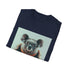 Charcoal cotton T-shirt featuring koala with tea and book illustration