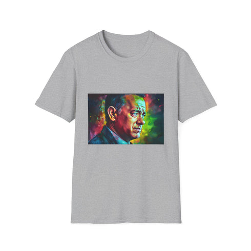 Vibrant neon Tom Hanks print on charcoal cotton crew neck T-shirt