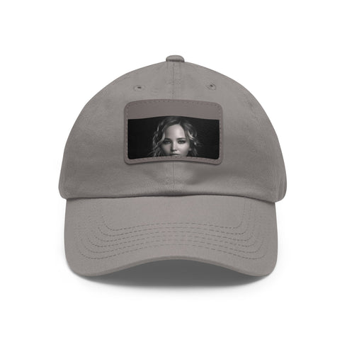 Chic white cap with light brown patch, Jennifer Lawrence signature logo.