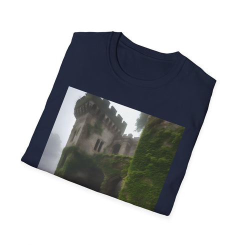 Charcoal cotton T-Shirt with medieval castle and ivy graphic evokes ancient history